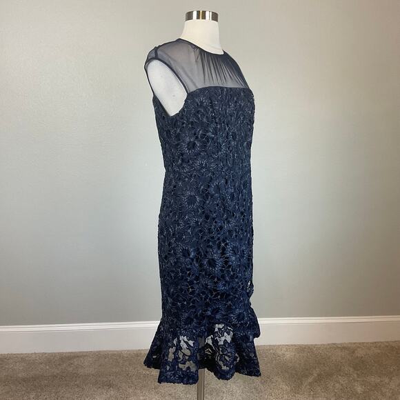 Aidan Mattox Women's Cocktail Dress Size 10 Blue Metallic Lace Midi Sheath - Picture 3 of 12